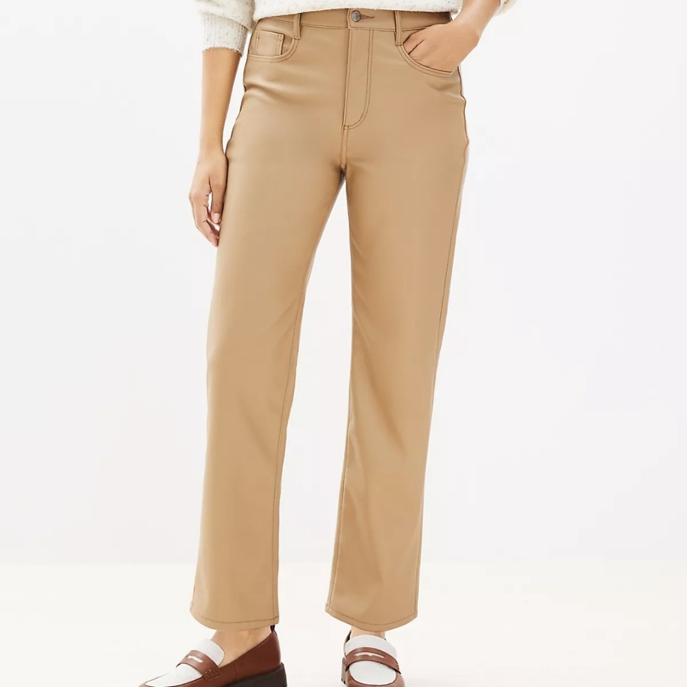 NWT Loft Petite Five Pocket Straight Pants in Faux Leather Classic Tan Size 33P
